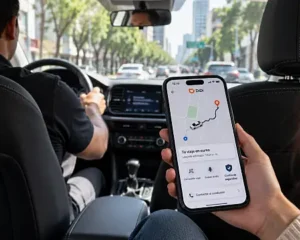 Pasajero consulta en su celular las funciones de seguridad de DiDi durante un viaje en automóvil